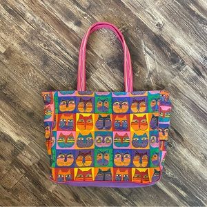 Vintage Laurel Burch Colorful Cat Face Tote Bag